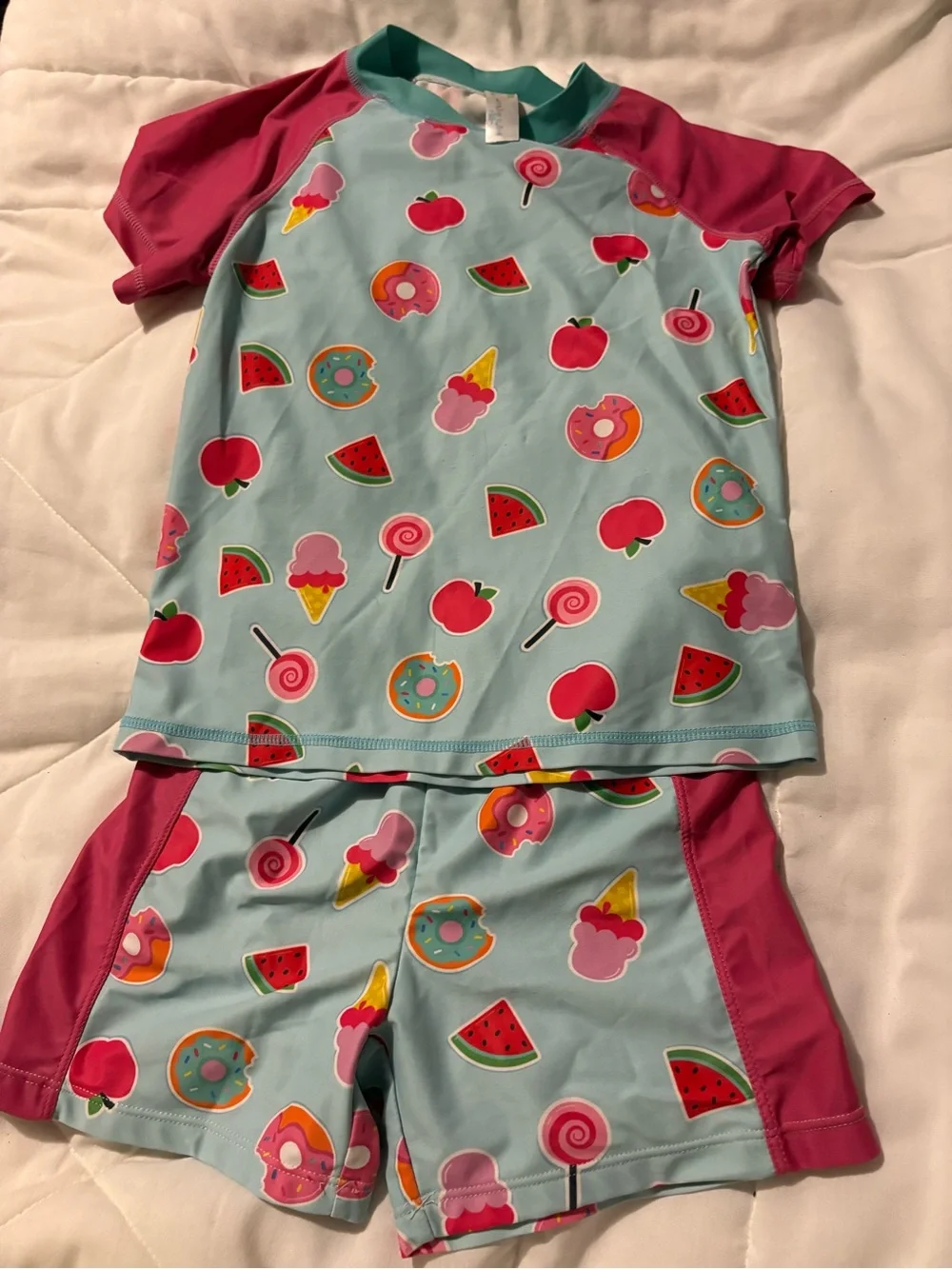 Girls' Aqua & Pink Fruit & Sweets Short Sleeve Swim Set